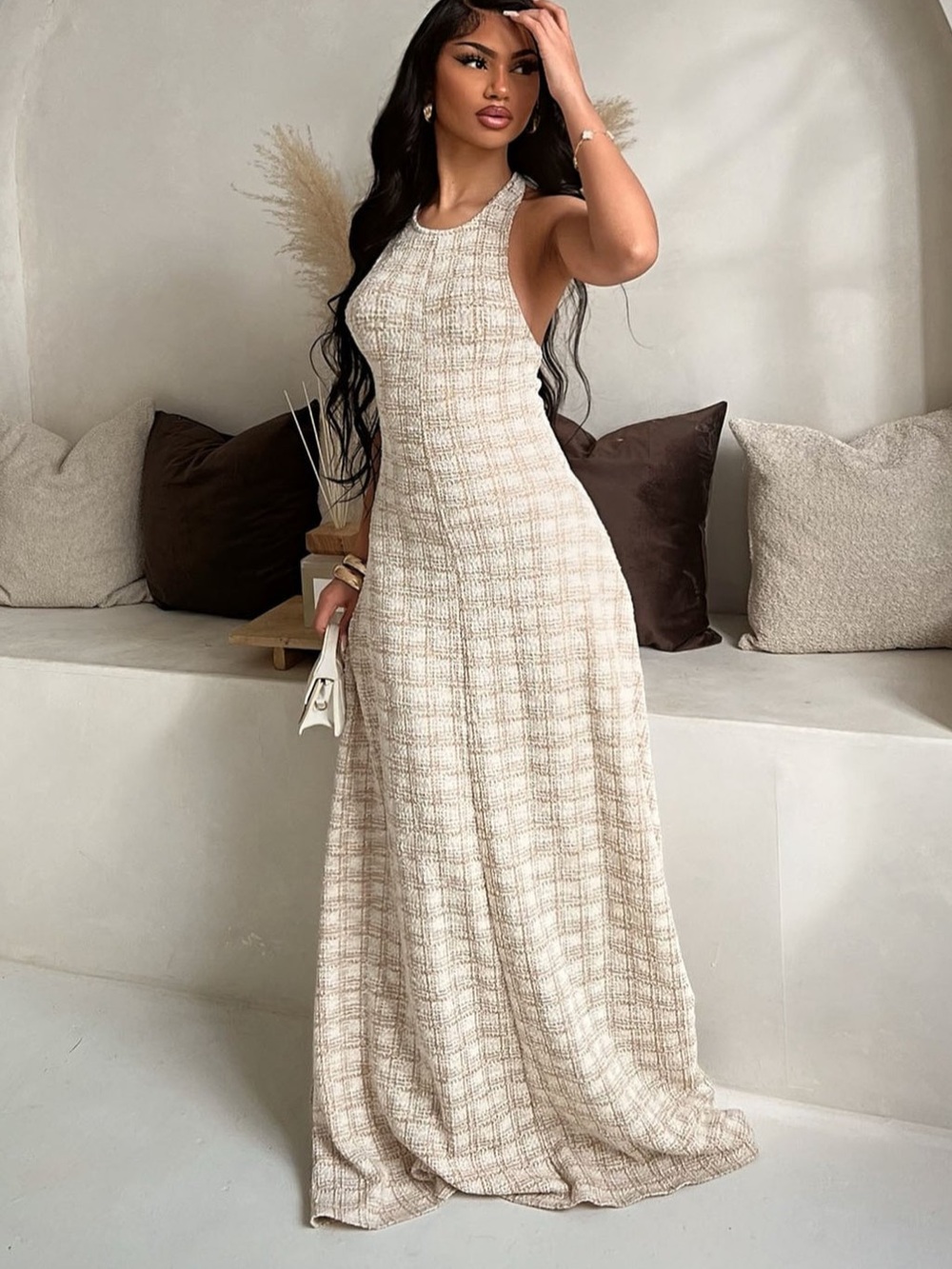 Fashion Nova Gemma Tweed Maxi Halter Dress
